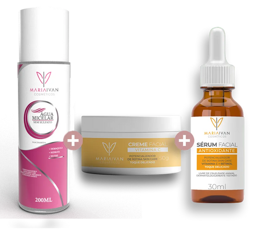 KIT FACIAL ÁGUA MICELAR + CREME FACIAL VITAMINA C + SÉRUM FACIAL ANTIOXIDANTE