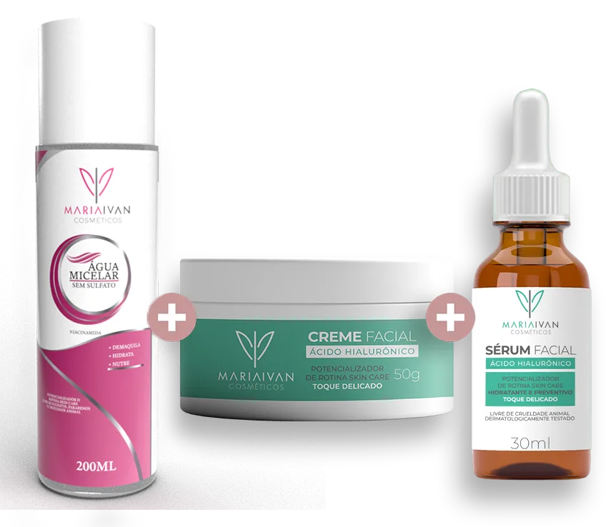 KIT FACIAL ÁGUA MICELAR + CREME FACIAL HIALURÔNICO + SÉRUM HIALURÔNICO