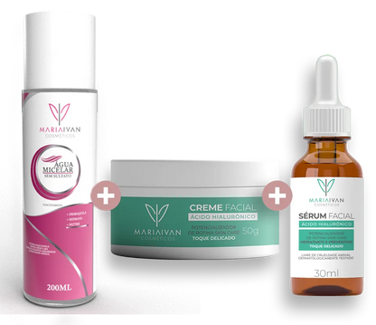 KIT FACIAL ÁGUA MICELAR + CREME FACIAL HIALURÔNICO + SÉRUM HIALURÔNICO
