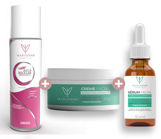 KIT FACIAL ÁGUA MICELAR + CREME FACIAL HIALURÔNICO + SÉRUM HIALURÔNICO