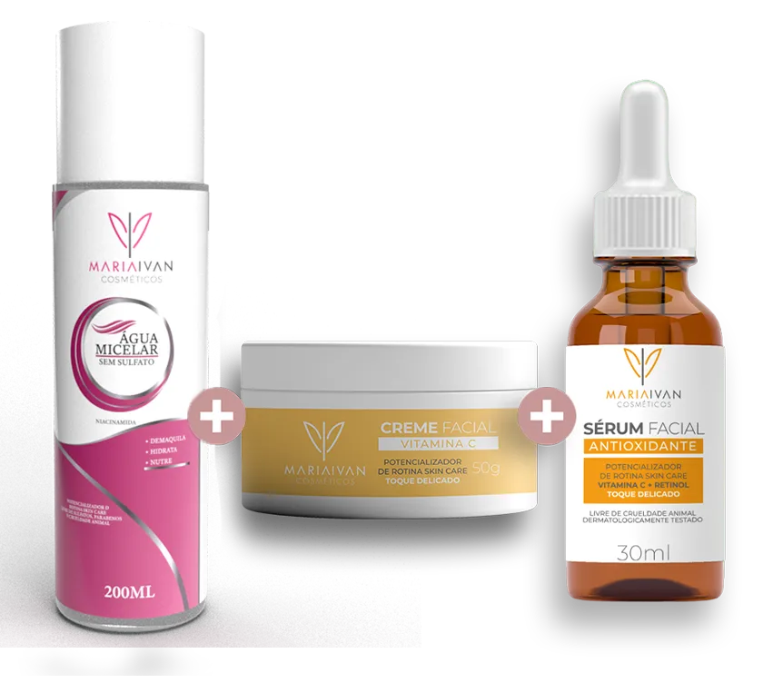 KIT FACIAL ÁGUA MICELAR + CREME FACIAL VITAMINA C + SÉRUM FACIAL ANTIOXIDANTE